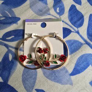 Gold and Red Rose Hoop Earrings